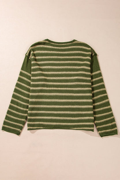 Green Stripe Drop Shoulder Casual Sweater