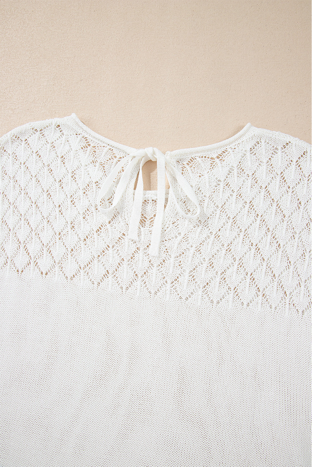 White Eyelet Knit Tied Back Short Sleeve Sweater