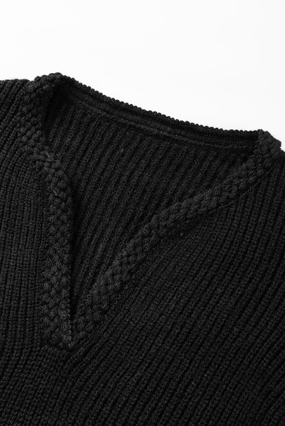 Black Braided Notched V Neckline Puff Sleeve Knitted Sweater