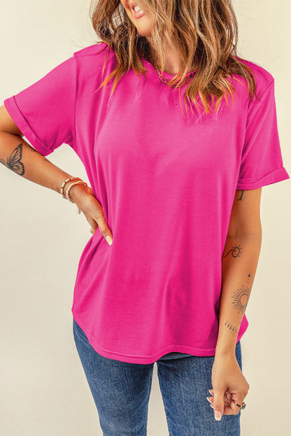 Rose Red Casual Plain Crew Neck Tee