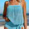 Turquoise Striped Mesh Knotted Hem Tankini Swimsuit