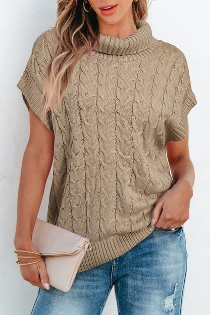 Light French Beige Cable Knit Turtleneck Batwing Sleeve Sweater