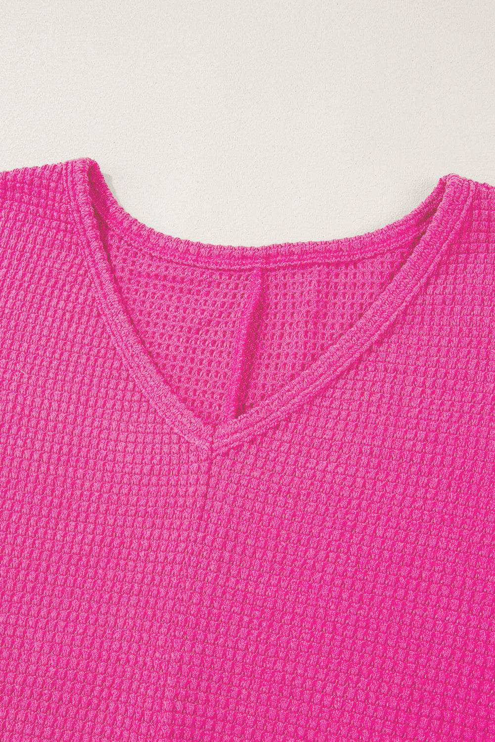 Rose Red Waffle Knit Side Slits Loose Fit V Neck Top