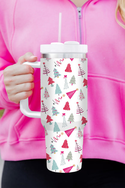 White Cartoon Christmas Tree Printed Thermos Cup 40oz