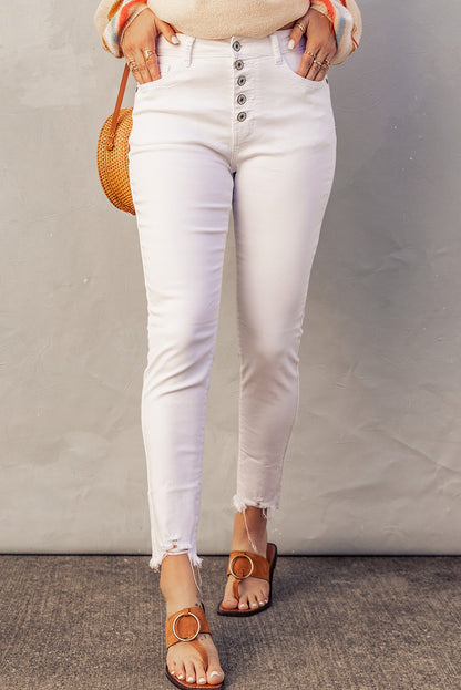 White Plain High Waist Buttons Frayed Cropped Denim Jeans