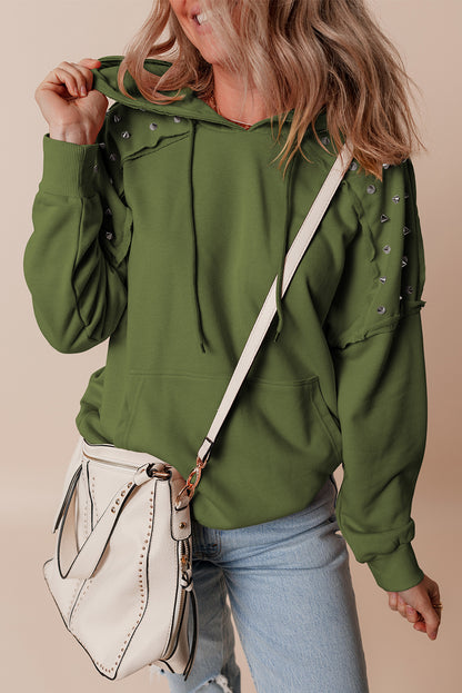 Vineyard Green Solid Color Rivet Stud Raglan Sleeve Hoodie with Pocket