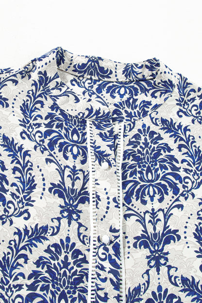 Sky Blue Tribal Pattern Print Notch Neck Buttoned Plus Size Shirt