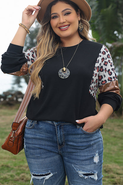 Black Leopard Sequin Patch Plus Size Long Sleeve Top