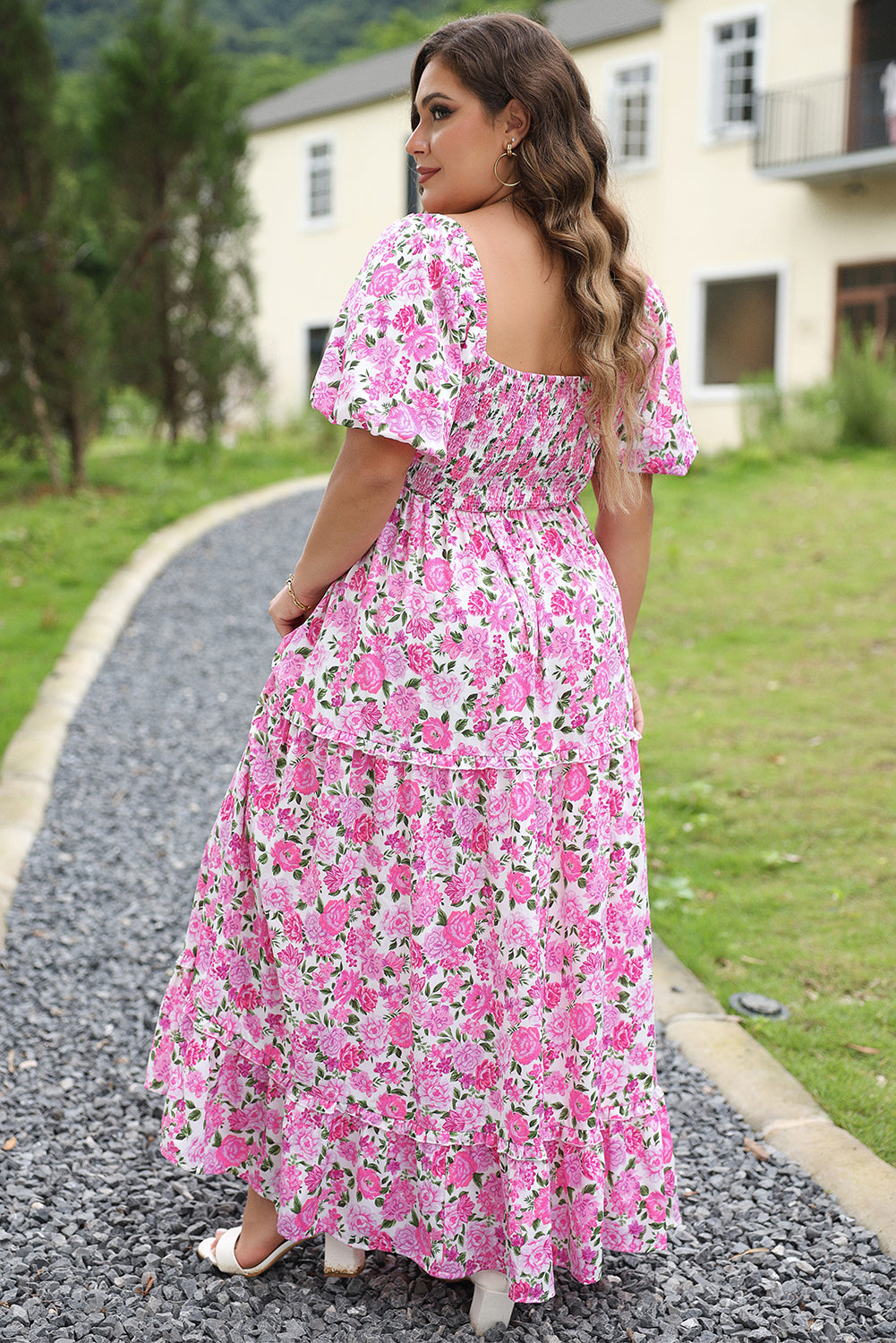 Pink Plus Size Floral Print Smocked Puff Sleeve Dress