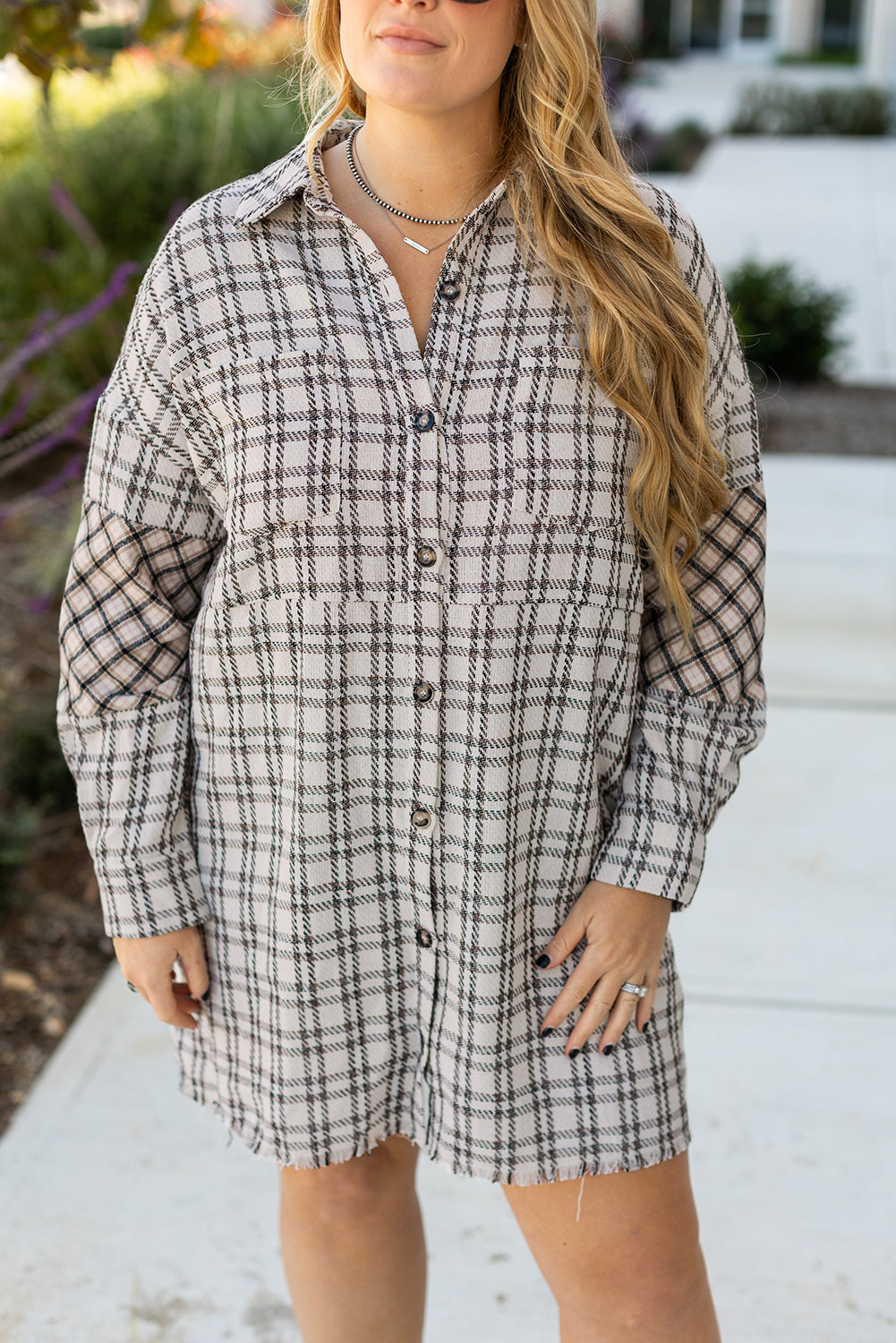 White Stripe Plus Size Plaid Buttoned Raw Hem Tunic Shirt Dress