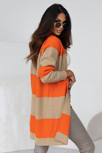 Orange Colorblock Ribbed Knit Cardigan