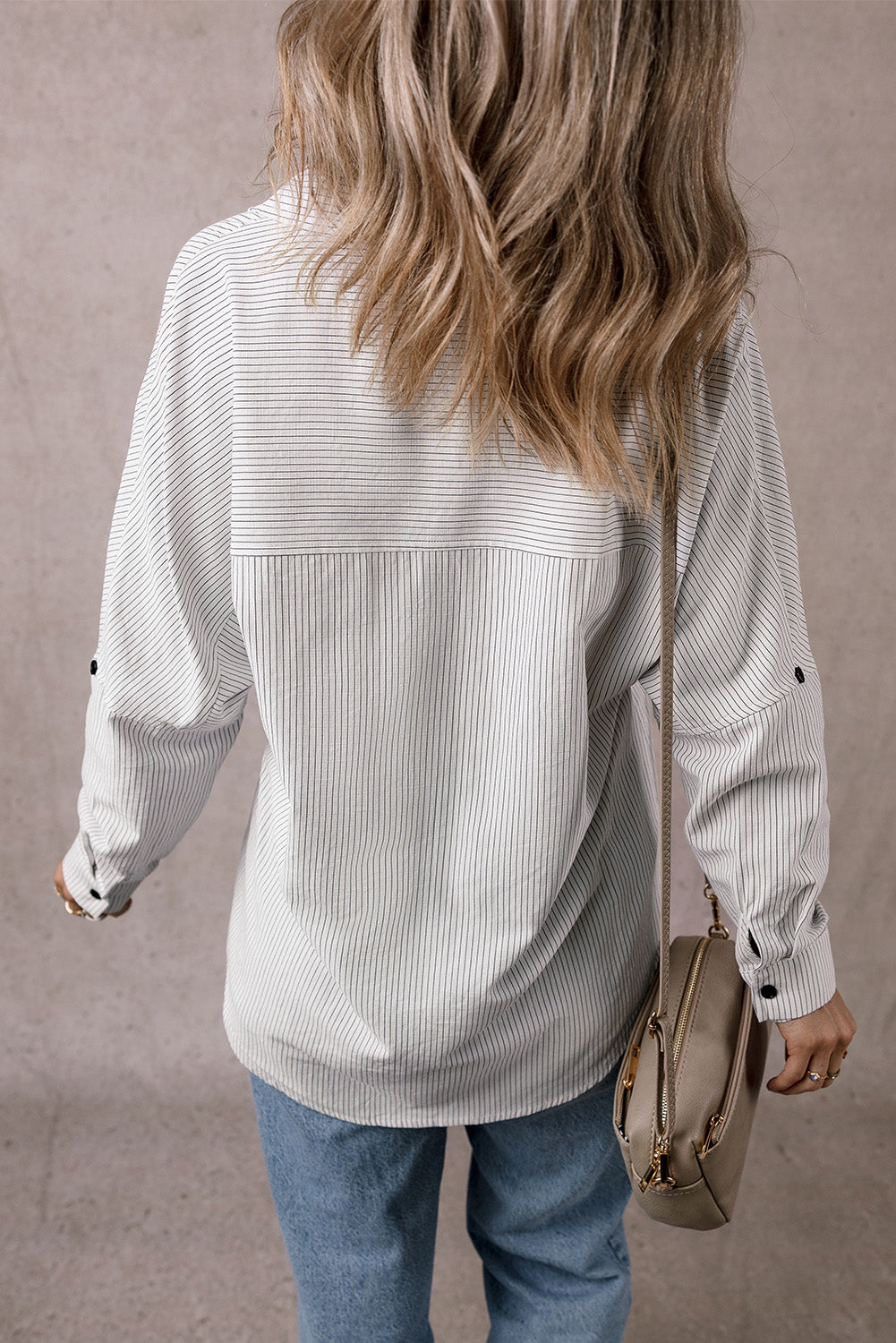 Stripe Roll-tab Sleeve Pocketed Long Shirt