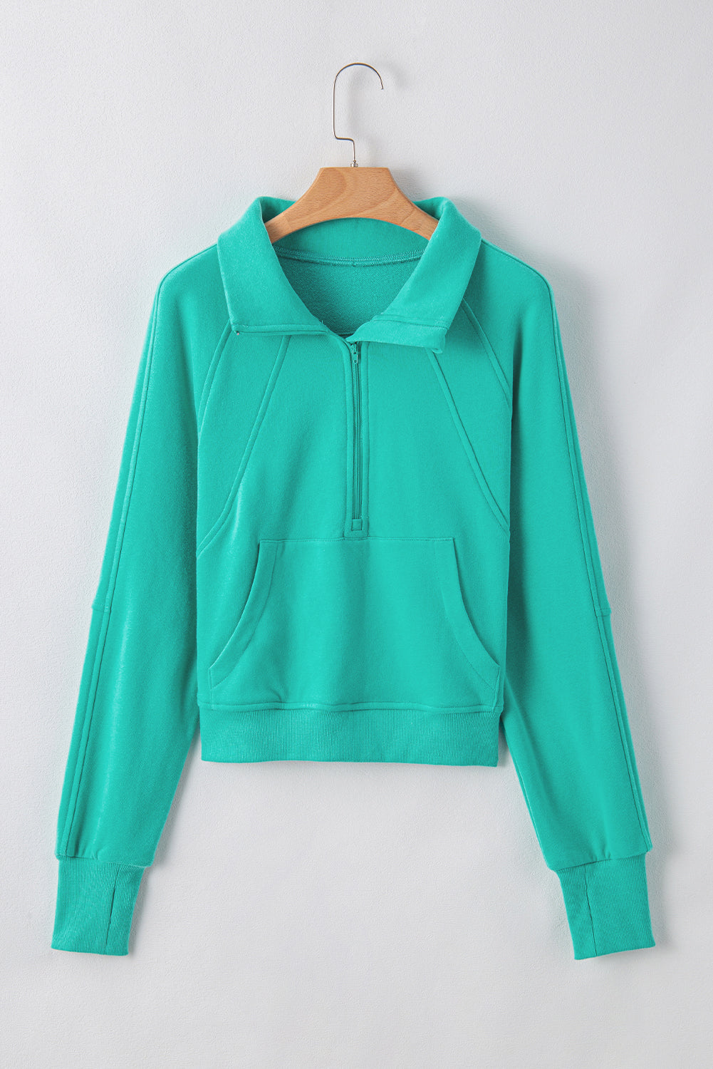 Sea Green Fleece Lined Zip Up Stand Collar Thumbhole Sleeve Sweatshirt