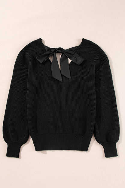 Black Lantern Sleeve V Neck Knot Back Sweater