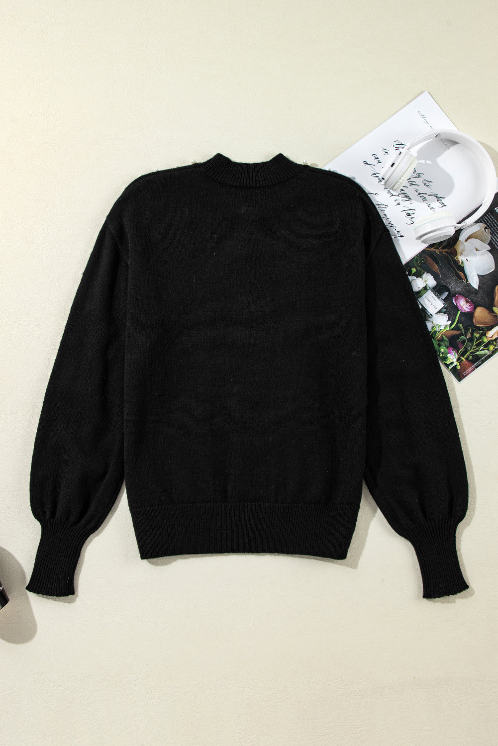 Black Pearl Beaded Bishop Sleeve Sweater