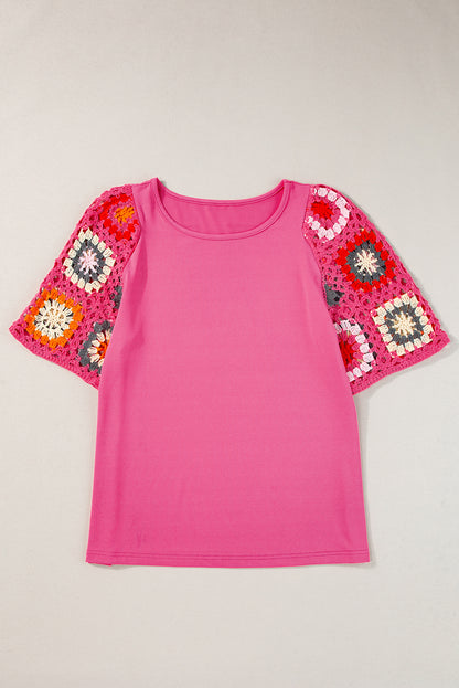 Strawberry Pink Floral Crochet Short Sleeve Top