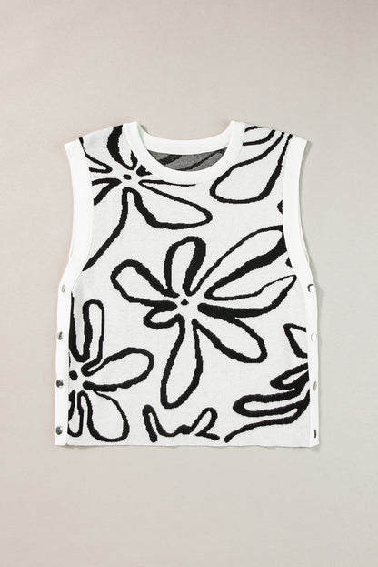 White Button Sides Sleeveless Floral Knitted Top