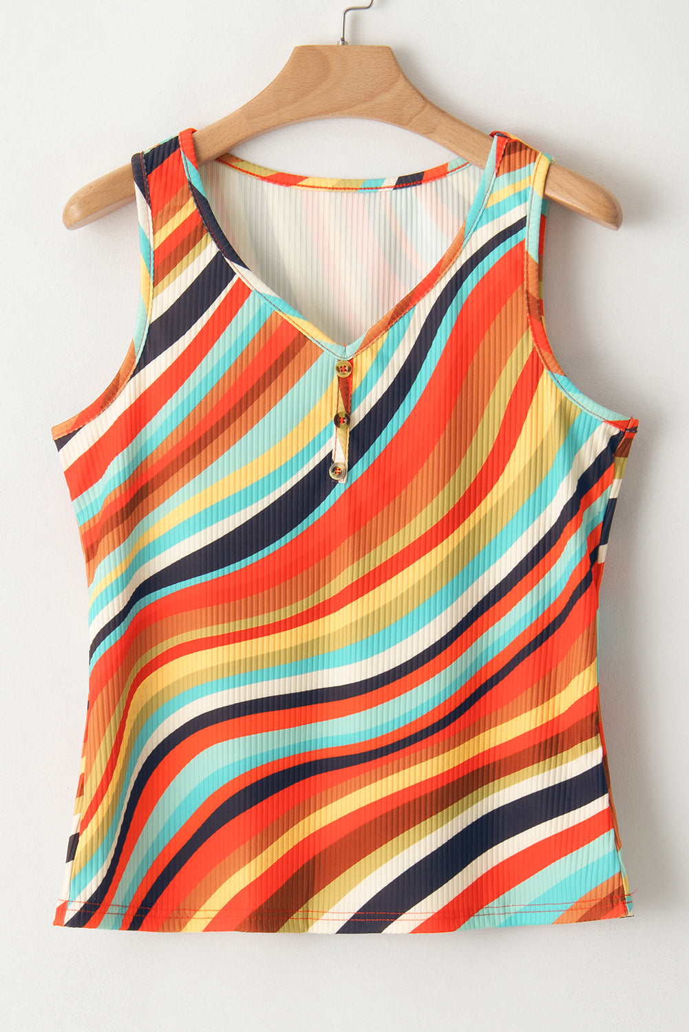 Multicolour Wavy Striped Buttoned V Neck Tank Top