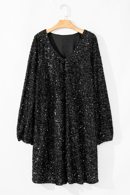 Color black Plus Size Bubble Sleeve V Neck Sequin Dress