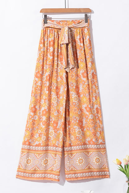 Grapefruit Orange Tie Waist Boho Floral Wide Leg Pants