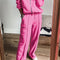 Bright Pink Solid Seamed Zipper Jacket and Drawstring Waist Pants Set