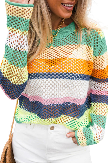 Green Colorblock Patchwork Knit Crochet Eyelet Sweater