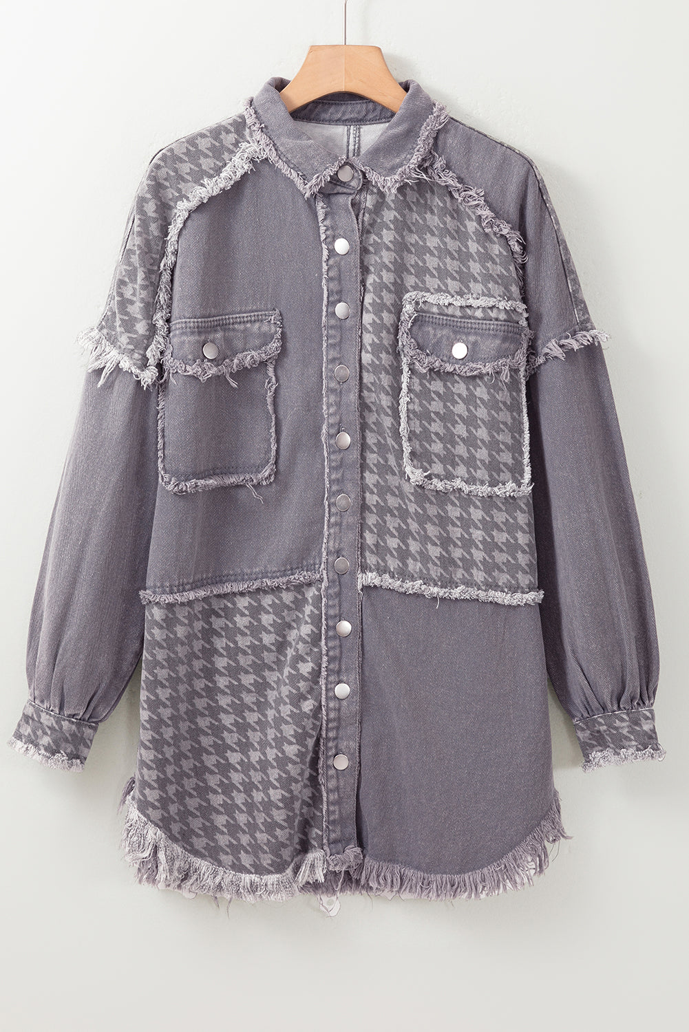 Medium Grey Retro Distressed Houndstooth Patchwork Denim Jacket