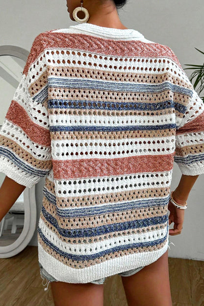 Multicolour Striped Hollow Out Half Sleeve Knitted Sweater