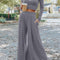 Gray Solid Color Ribbed Crop Top Long Pants Set