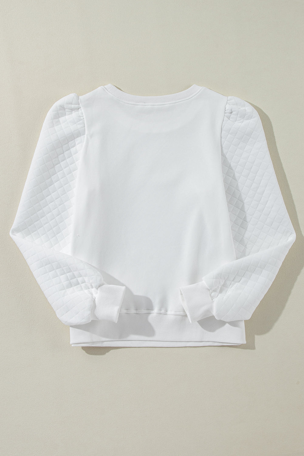 White Solid Puff Sleeve Round Neck Pullover Sweatshirt