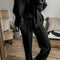 Black Solid Seamed Zipper Jacket and Drawstring Waist Pants Set