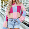 Rose Red Color Block Drop Shoulder Crewneck Loose Fit Sweater