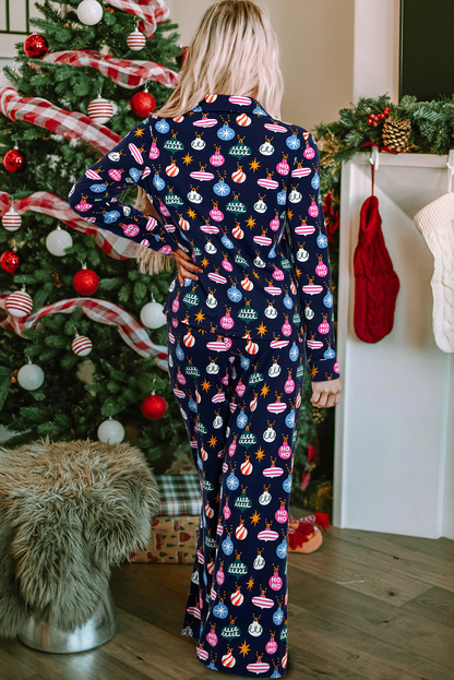 Navy Blue Colorful Christmas Lights Print Shirt and Pants Pajama Set