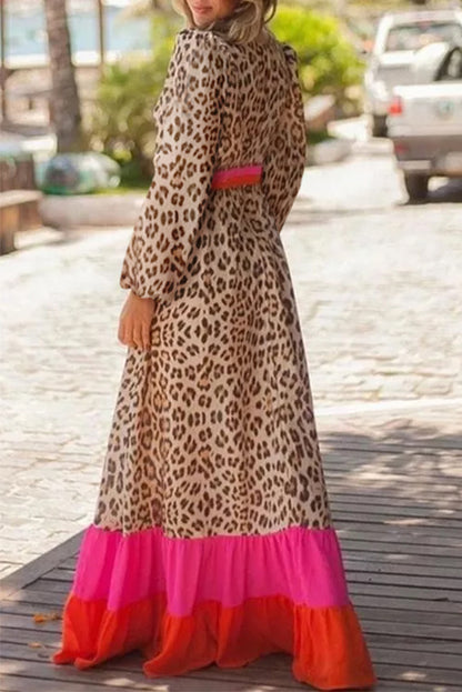 Brown Leopard Color Block V Neck Loose Fit Maxi Dress