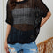 Black Fishnet Knit Ribbed Round Neck Short Sleeve Sweater Tee