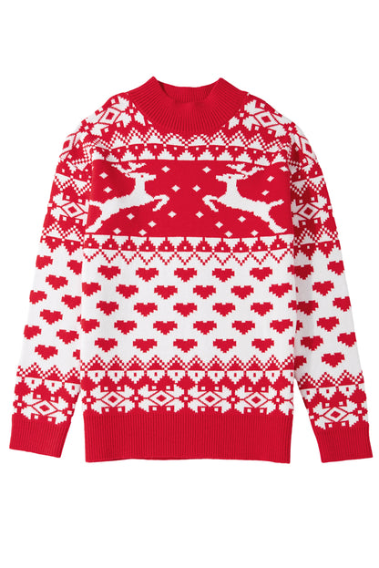 Fiery Red Merry Christmas Reindeer Heart Pattern High Neck Sweater