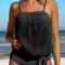 Black Striped Mesh Knotted Hem Tankini Swimsuit