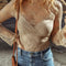 Apricot Lace Mesh Crochet Splicing Slim Fit Long Sleeve Blouse