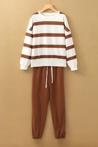 Brown Stripe Striped Drop Shoulder Pullover and Jogger Pants Set