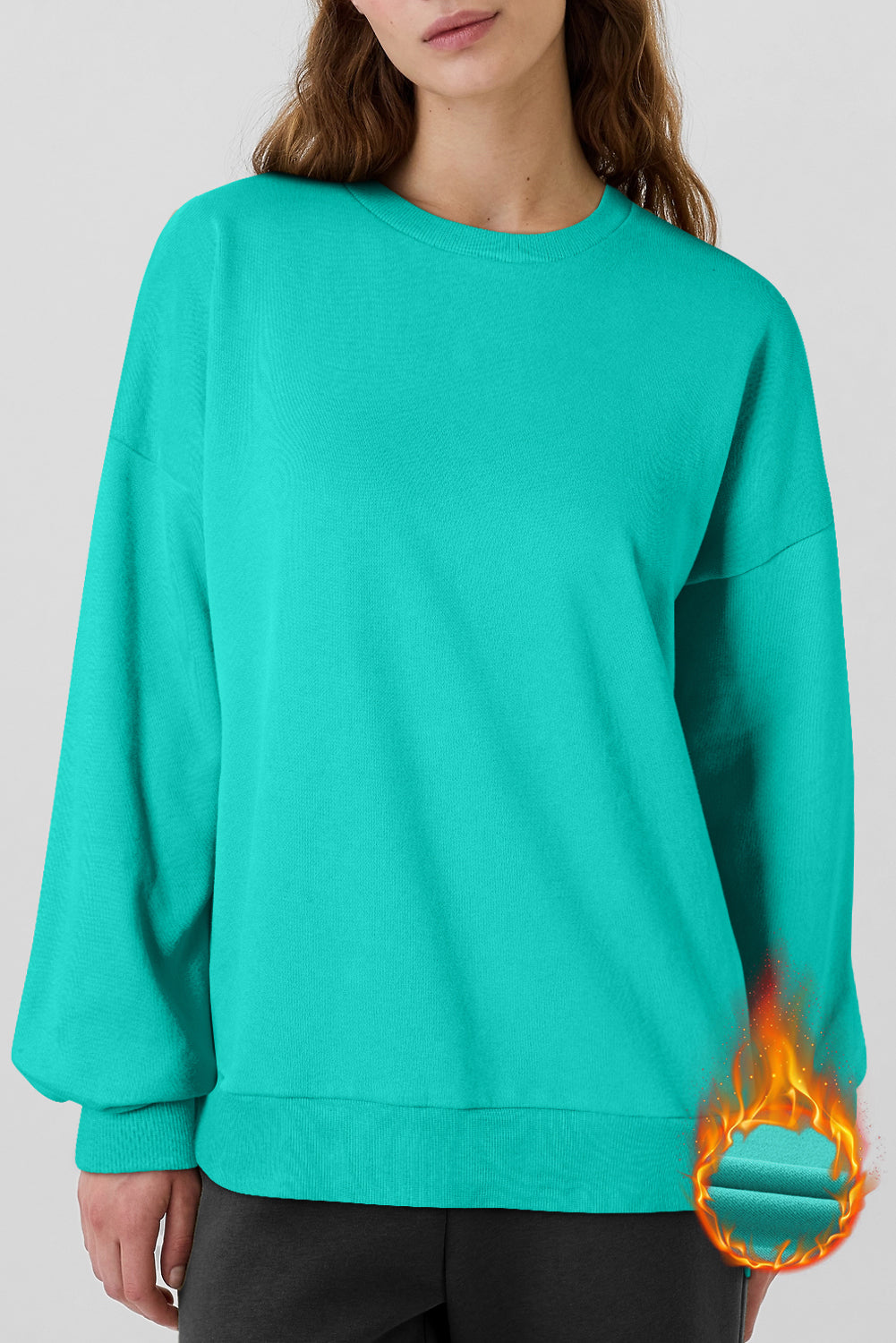 Sea Green Solid Fleece Lined Drop Shoulder High Low Sweatshirt