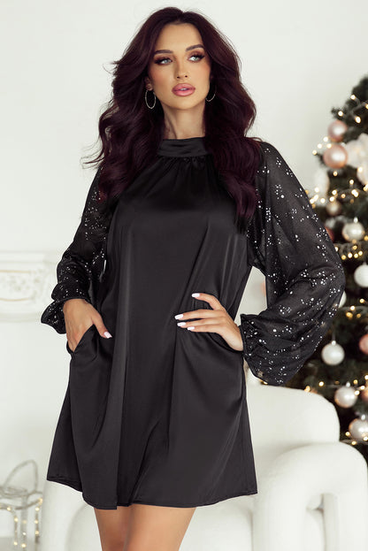 Black Glittering Mesh Sleeve Mock Neck Mini Dress