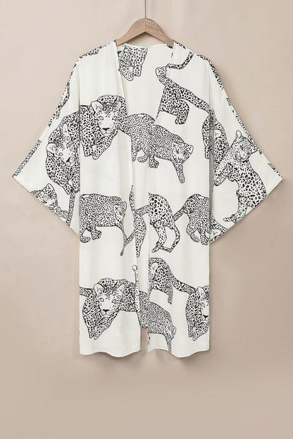 White Cheetah Print Loose Fit Open Front Kimono