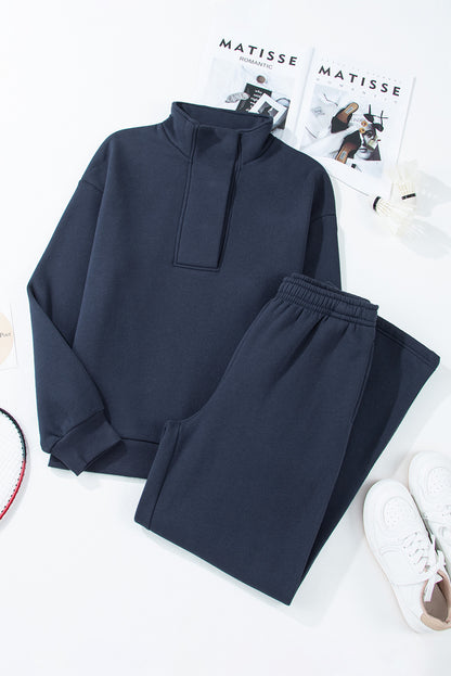 Navy Blue Solid Color Collared Sweatshirt and High Waist Pants Set