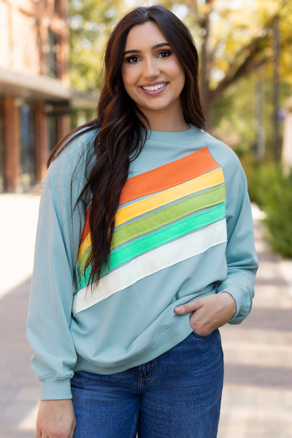 Beau Blue Rainbow Colorblock Striped Pullover Sweatshirt