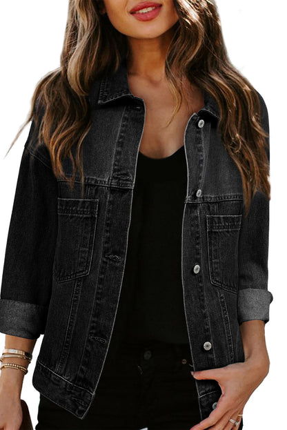 Black Washed Oversize Pocketed Denim Jacket