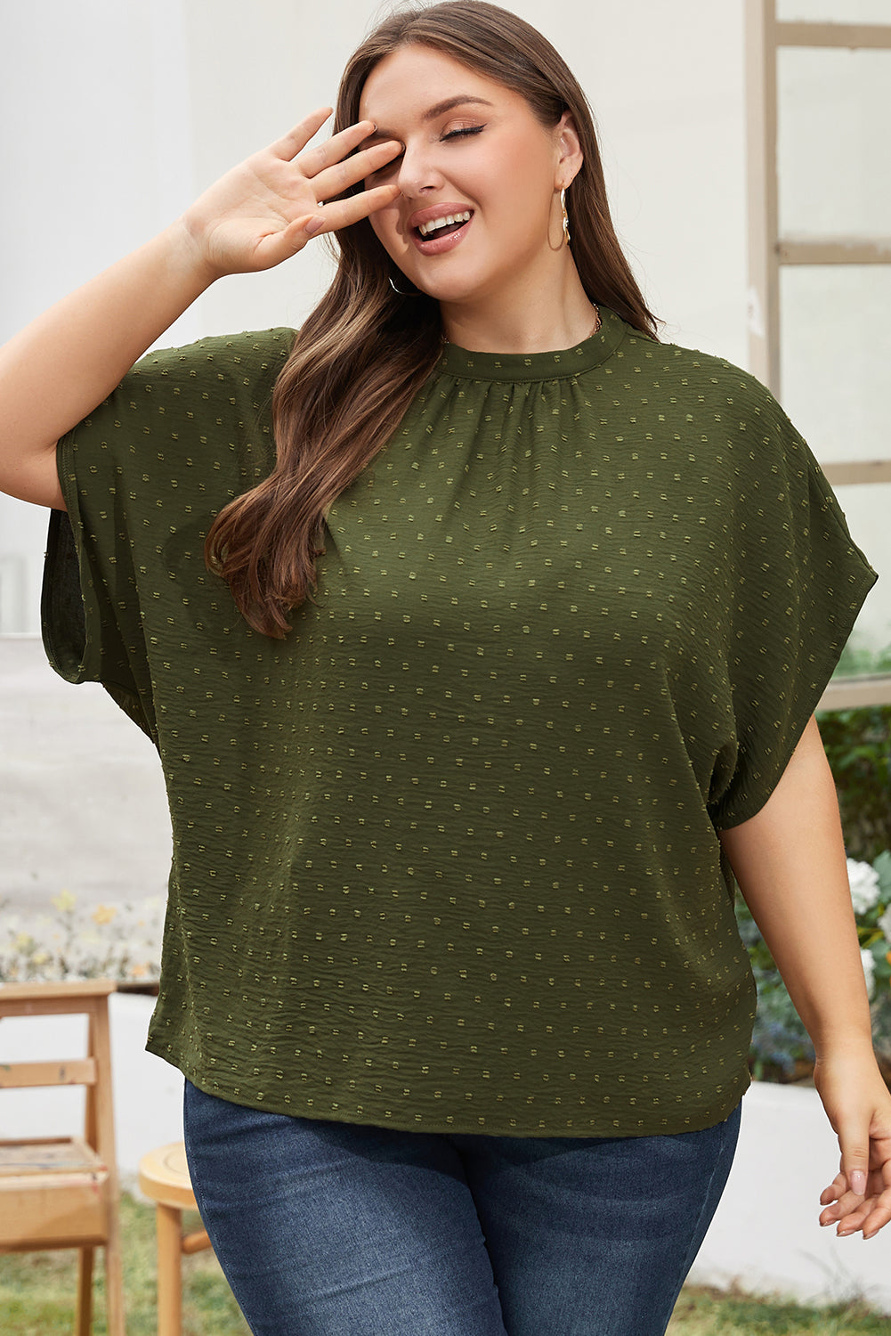 Moss Green Plus Size Swiss Dot Mock Neck Tied Nape Top