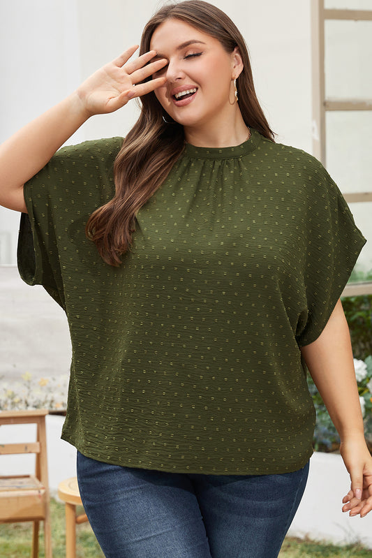 Moss Green Plus Size Swiss Dot Mock Neck Tied Nape Top