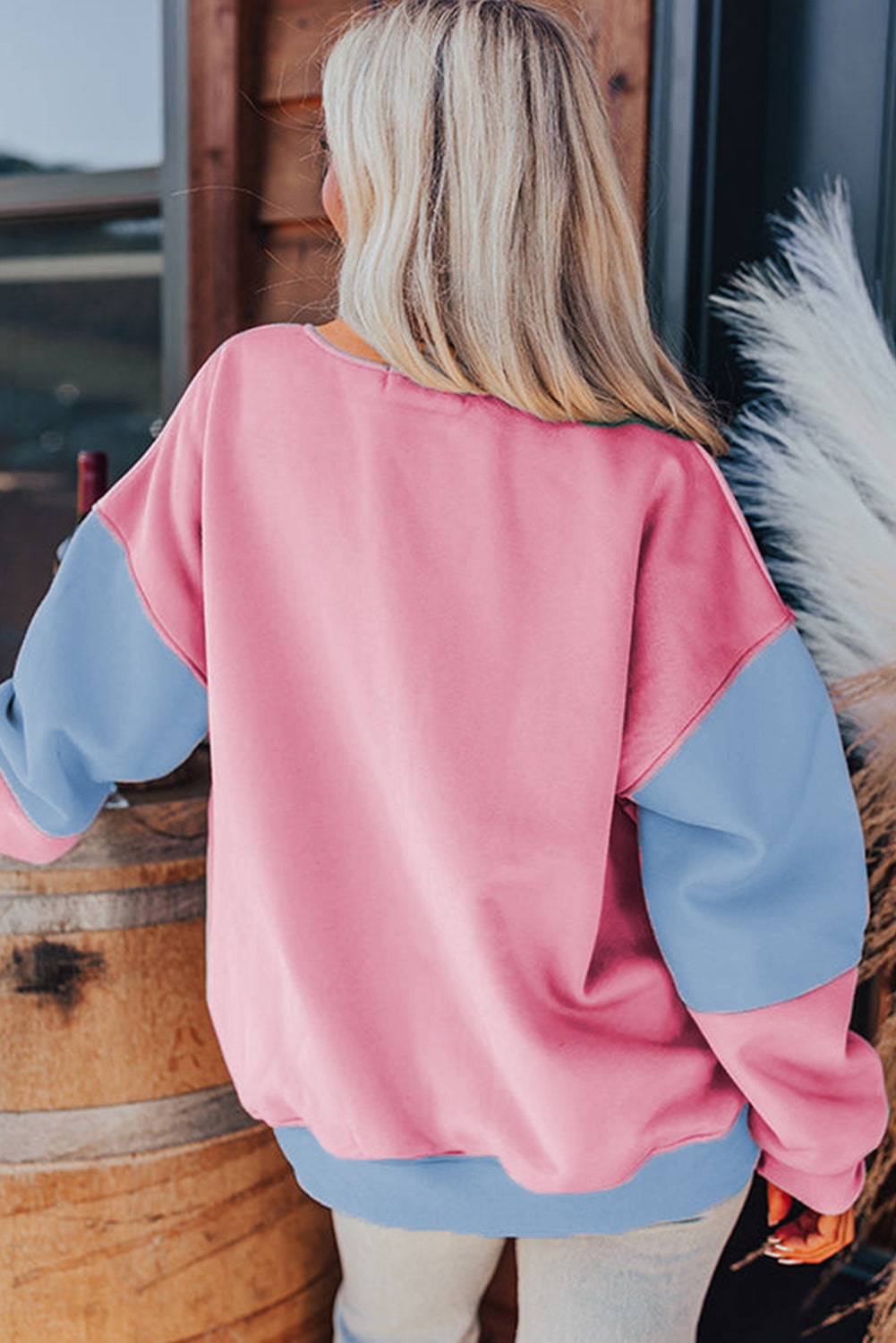 Sky Blue Colorblock Patchwork Drop Shoulder Sweatshirt