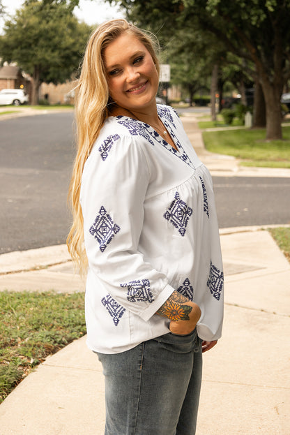 White Boho Geometric Print V Neck Bracelet Sleeve Plus Size Blouse