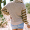 Smoke Gray Striped Plaid Patchwork Waffle Knit Turtleneck Sweater